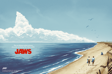 Promotional poster for 'Jaws' with a beach scene and shark fin in the sky.  Officially Licensed JAWS (1975) Artist Edition Postcards by Mondo. Art by Phantom City Creative, INC.